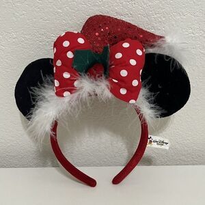 Walt Disney World Minnie Mouse Red Sequin Christmas Hat Headband Black Ears Bow